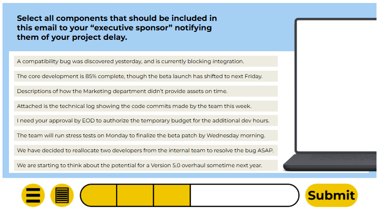 Desktop interface display tracking a mock scenario of the interactive communication course layout